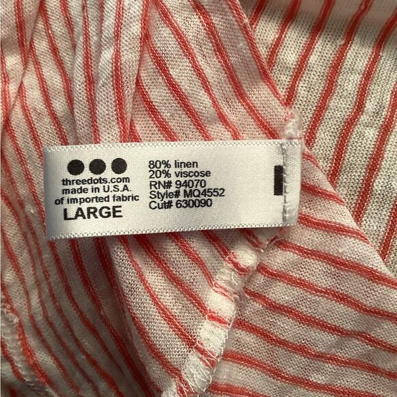 THREE DOTS SIZE LARGE WHITE RED STRIPED LINEN BLEND 3/4 SLEEVE FLYAWAY BACK TOP - Picture 5 of 5